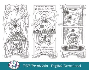 Cartoline di Natale stampabili in PDF con presepe su un angelo, un globo di neve e una pallina.