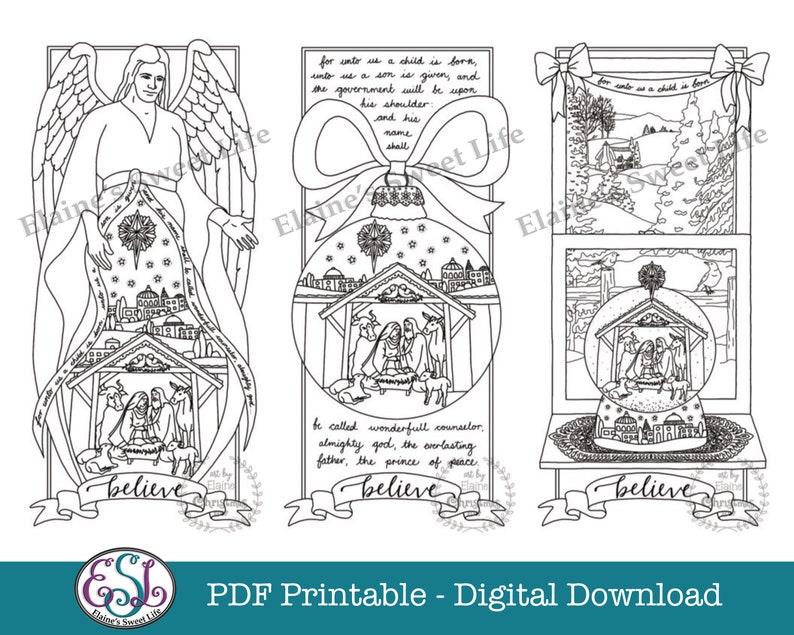 PDF Printable Christmas Cards with Nativity on an Angel, a Snow Globe & a Bauble. image 1