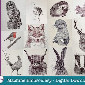 BUNDLE OFFER! British Wildlife Machine Embroidery Files. 12 for 9: Badger Fox Hare Hedgehog Cow Mouse Otter Pheasant Robin Squirrel Stag Owl