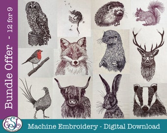 BUNDLE OFFER! British Wildlife Machine Embroidery Files. 12 for 9: Badger Fox Hare Hedgehog Cow Mouse Otter Pheasant Robin Squirrel Stag Owl