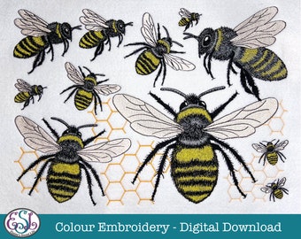 Bee / Honey Bee Machine Embroidery Files, Sketched Style, Colour. 2 different bees in 7 sizes!! Honeycomb in 5 sizes. 11 file formats.