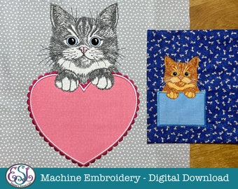 Cute Cat with Sign or Love Heart, Valentines, Machine Embroidery Design, in a Sketched Style, with Appliqué. 3 variations, each in 3 sizes.