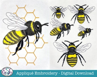 Bee / Honey Bee Machine Appliqué Embroidery Files, Sketched Style. 2 different bees in 4 sizes. Honeycomb in 5 sizes. 11 file formats.