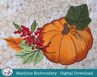 Pumpkin Scene Machine Embroidery Files. Pumpkin with Leaves and Berries (also split) in Multiple Sizes, 11 file formats.