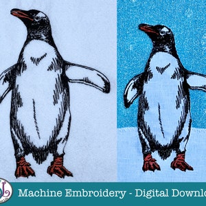 Gentoo Penguin Machine Embroidery Designs, Sketched Style, 2 Colour & Appliqué, in 5 sizes! Snowflakes included. 7 file formats.