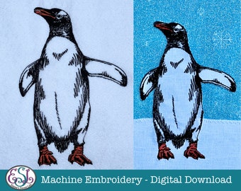 Gentoo Penguin Machine Embroidery Designs, Sketched Style, 2 Colour & Appliqué, in 5 sizes! Snowflakes included. 7 file formats.