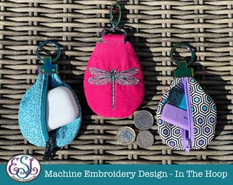 ITH Coin or Small Item Pouch with Key Fob, Keychain or Swivel Clip, In The Hoop (ITH) Machine Embroidery Design. 2 Versions.