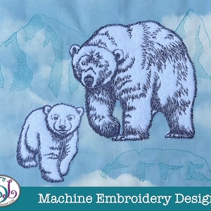 Polar Bear and Cub with Mountains Machine Embroidery Design with Appliqué. 5 Sizes.