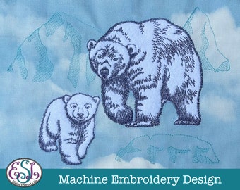 Polar Bear and Cub with Mountains Machine Embroidery Design with Appliqué. 5 Sizes.