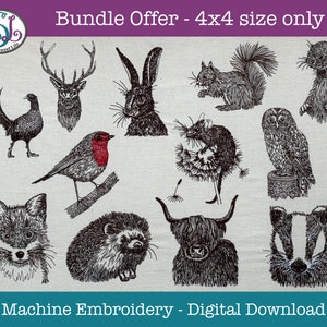 Könnte beinhalten: Ein Bündel von 13 schwarzen und weißen Stickmustern für die Maschine, die verschiedene Tiere zeigen, darunter ein Hirsch, ein Kaninchen, ein Eichhörnchen, eine Eule, eine Maus, ein Rotkehlchen, ein Fuchs, ein Igel, ein Hochlandrind und ein Dachs. Die Designs sind 4x4 Zoll groß und stehen zum digitalen Download bereit.