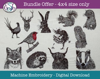 4x4 BUNDLE OFFER - 12 British Wildlife Machine Embroidery Files. Badger Fox Hare Hedgehog Cow Mouse Otter Pheasant Robin Squirrel Stag Owl