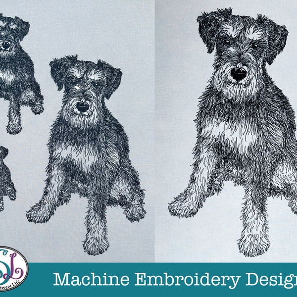 BERTIE the Miniature Schnauzer, Sketch Style Monotone Embroidery Design in 5 Sizes. dst, exp, hus, jef, pes, vp3, xxx