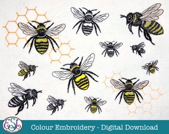 Bee MINI COLLECTION Machine Embroidery Files, Sketched Style, Colour. All 4"x4" and under. Honeybees and Honeycomb.