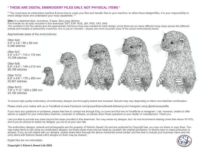 Otter Machine Embroidery File, Sketched Style, Monotone. 5 sizes, 7 file formats. British Wildlife image 4