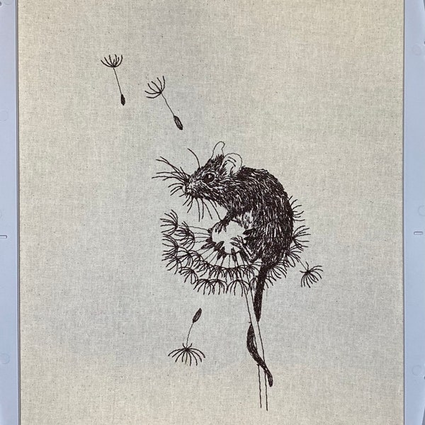 Field Mouse on a Dandelion Machine Embroidery File, Sketched Style. 4 sizes, 7 file formats.