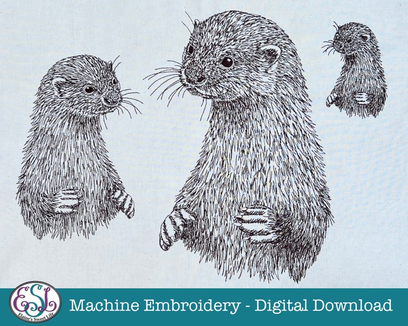 Otter Machine Embroidery File, Sketched Style, Monotone. 5 sizes, 7 file formats. British Wildlife image 1