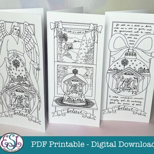 PDF Printable Christmas Cards with Nativity on an Angel, a Snow Globe & a Bauble. image 2