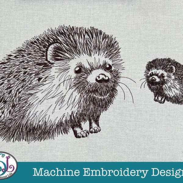 Hedgehog Machine Embroidery Design File DIGITAL DOWNLOAD. Sketched Style, Monotone, 5 sizes.