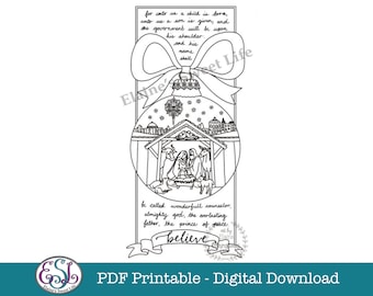 PDF Printable Christmas Card with Nativity in a Bauble. A4 and Letter.