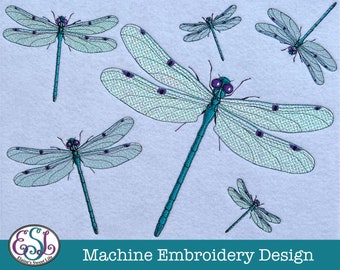 Dragonfly Machine Embroidery Design with Optional Appliqué Wings. 6 Sizes.