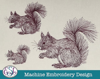 Eekhoorn Machine Borduurbestand, geschetste stijl. Britse wilde dieren. 5 formaten, 6 bestandsformaten.