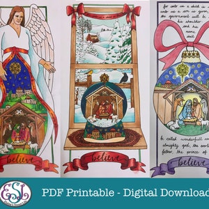PDF Printable Christmas Cards with Nativity on an Angel, a Snow Globe & a Bauble. image 4