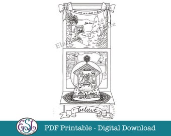 PDF Printable Christmas Card with Nativity in a Snow Globe in front of a window with Winter Scene. A4 and Letter.