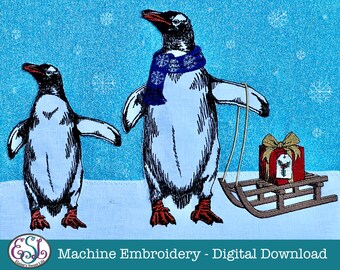 Christmas Gentoo Penguin Machine Embroidery Design, Sketched Style, in 5 sizes! Penguin Alone, Wearing Scarf and with Sled, Snowflakes incl.