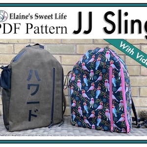 May include: Two JJ Sling PDF pattern backpacks. One is olive green with Japanese characters, a black mesh pocket, and a black zipper. The other is navy blue with a pink zipper and a parrot pattern. The text "JJ Sling" and "With Video" are also visible.