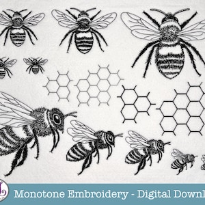 Bee / Honey Bee Machine Embroidery Files, Sketched Style, Monotone. 2 different bees in 7 sizes!! Honeycomb in 5 sizes. 11 file formats.