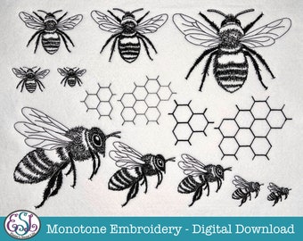 Bee / Honey Bee Machine Embroidery Files, Sketched Style, Monotone. 2 different bees in 7 sizes!! Honeycomb in 5 sizes. 11 file formats.