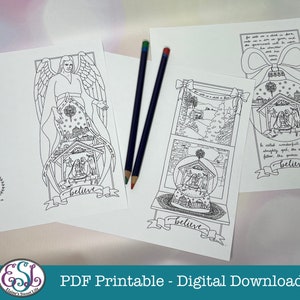 PDF Printable Christmas Cards with Nativity on an Angel, a Snow Globe & a Bauble. image 3