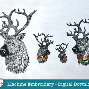 Reindeer (Monotone) Machine Embroidery Files, Sketched Style / Christmas Reindeer with Bells (Colour). 4 sizes, 7 file formats.