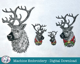 Rendieren (monotoon) Machineborduurbestanden, geschetste stijl / kerstrendier met bellen (kleur). 4 formaten, 7 bestandsformaten.