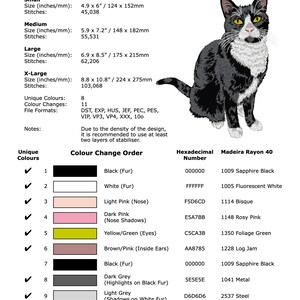 May include: A black and white tuxedo cat embroidery design pattern. The design includes 11 color changes and is available in 8 different file formats. The design is 8.8 inches by 10.8 inches and has 103,068 stitches.