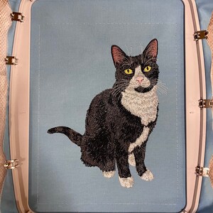 May include: A black and white cat with yellow eyes is embroidered on a light blue fabric in a hoop.