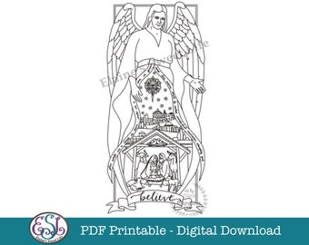 PDF Printable Christmas Card with Nativity on an Angel. A4 and Letter.