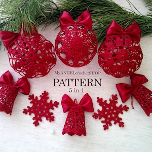 Crochet Pattern 5in1 Christmas Ornaments Snowballs Bell Snowflake New Year X-mas 3D Bubbles Christmas Tree Ornaments Holiday Designs Decor