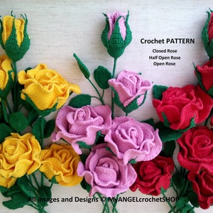 Roses Crochet Pattern 3in1 Close rose Half Open rose Open rose Bouquet Accessories Wedding bouquet Decor Instruction Tutorial Flower