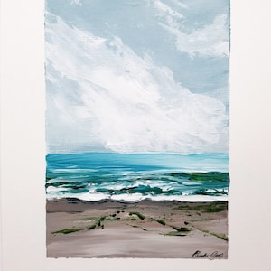 Original Seascape Beach Painting // Acrylic A5 High Quality paper // Ocean Green // Scottish Art // small Painting // Wall Art // image 1