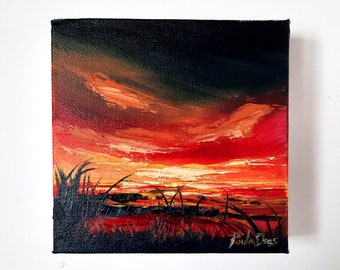 Original Ölgemälde Fiery Red Sunset / Carnoustie Beach / Ölgemälde auf Box Leinwand / Ungerahmt 15x15 cm