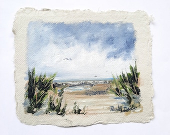 Oil Painting Seascape Beach on Handmade Paper Mini 5.12"x4.16"