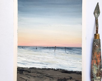 Sunset on Westhaven Beach Carnoustie / Original Oil Painting on Paper / A5 / Pastel Tones / Seascape Art / Calm Beach Artwork / Coastal