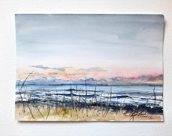 Original watercolour Painting A5 Carnoustie Beach Sunset - Scotland Art