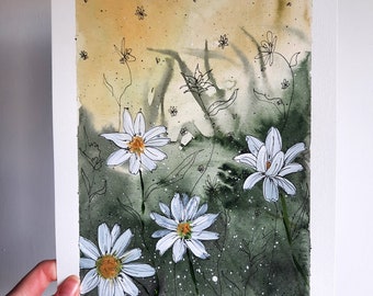 Original Green Daisy Flower Painting on A4 Paper - Experimental Sketch