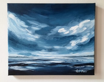 Original Seascape Painting on Canvas 10x12" / Expressionist Artwork / Blue Ocean Art / Semi Abstract