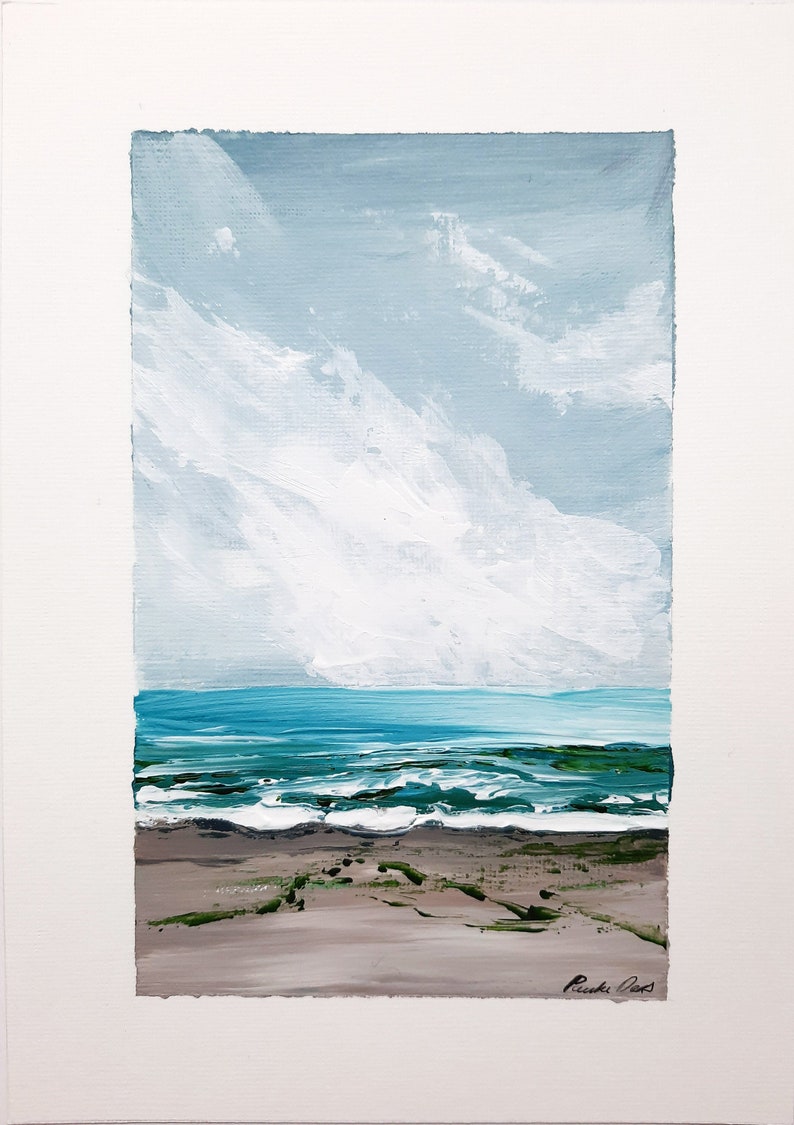 Original Seascape Beach Painting // Acrylic A5 High Quality paper // Ocean Green // Scottish Art // small Painting // Wall Art // image 1