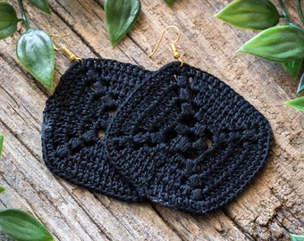 Large (7 x 7cm) Black Geometric Rhombus Earrings Handmade Crochet Unique Gift for Her