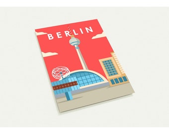 May include: A postcard featuring a stylized illustration of Berlin landmarks. The design includes the Berlin TV Tower, a modern building with a glass facade, and the word "BERLIN" in bold white letters against a red background.