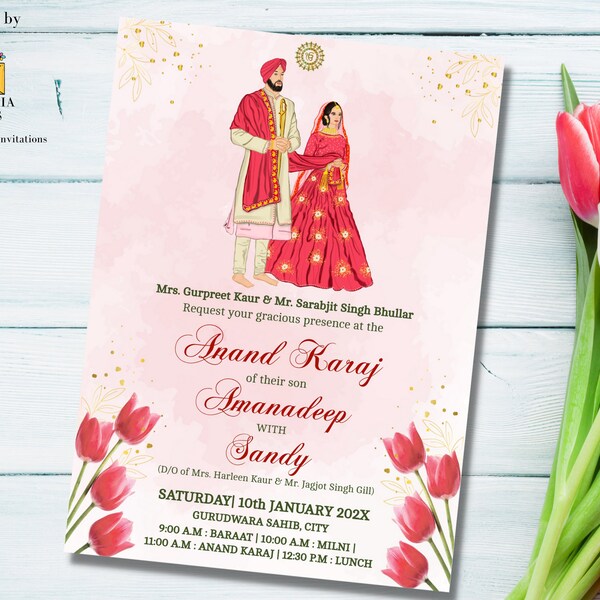 EDITABLE Anand Karaj Sikh Wedding Invitation Template| Punjabi Wedding Card| Sikh wedding Indian digital Invite| Illustrated desi evite